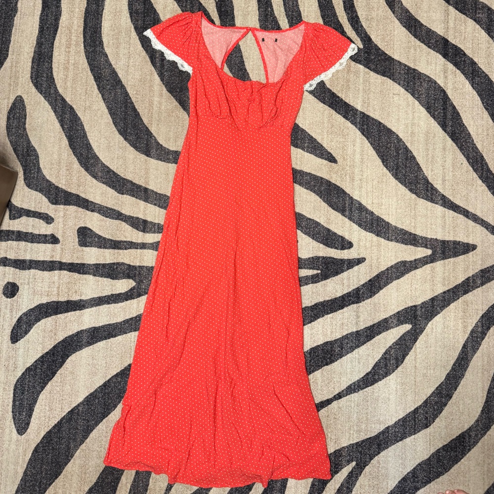 Red Polka Dot midi Dress with Lace Trim